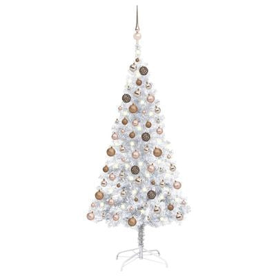 Silverfärgad julgran med LED-lampor och julgranskulor, 150 cm
