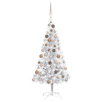Silverfärgad julgran med LED-lampor och julgranskulor, 150 cm