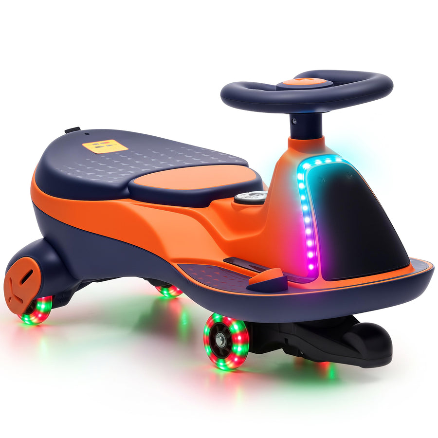 Lasten sähköinen kiikkuauto 2-in-1, litiumakku, RGB-valot ja musiikki, 360° ohjaus, oranssi