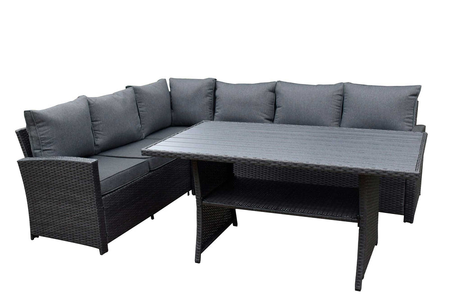 Polyrottinki kulmasohvaryhmä XXXL – 8 cm pehmusteet, komposiittipöytä, musta
