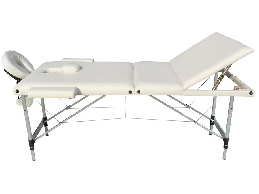 Massagebänk 195 x 70 cm, vit – 3 zoner, 225 kg, aluminiumram