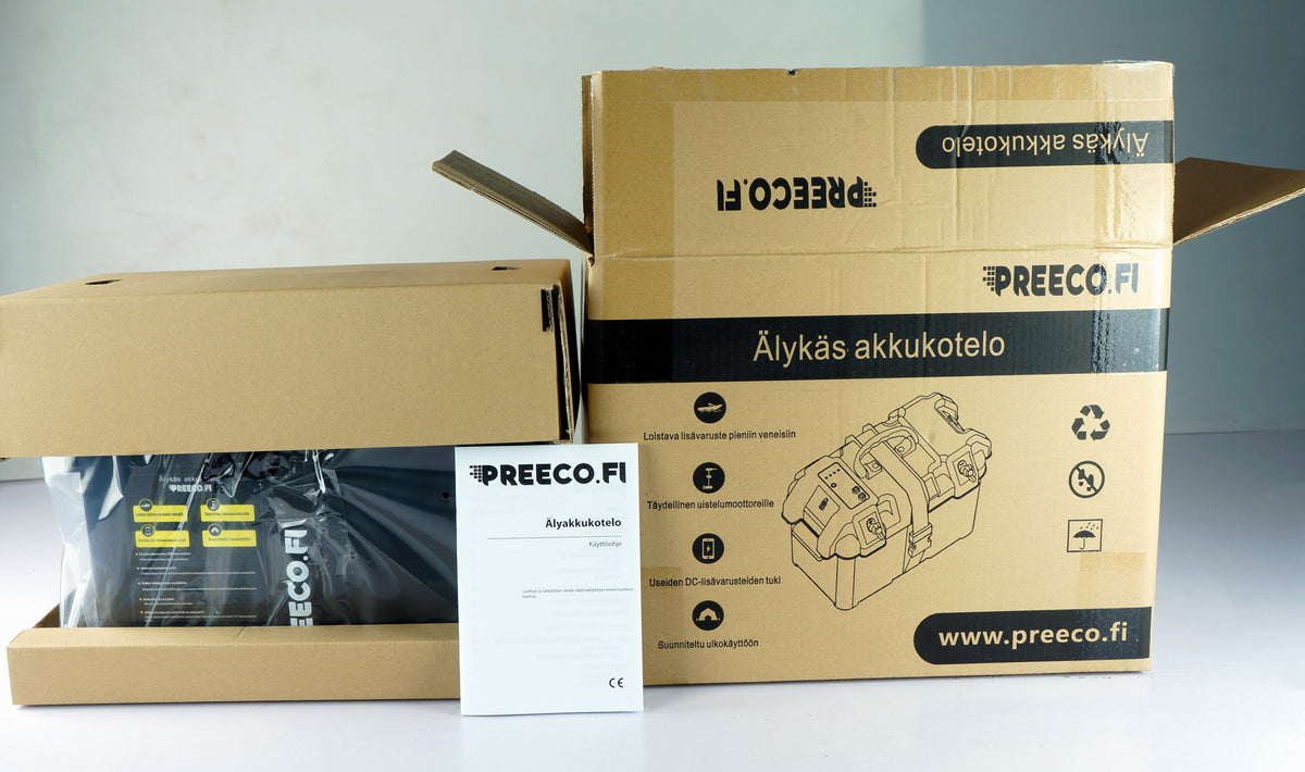 Akkukotelo 12V akuille – USB- ja DC12V-portit, LED-akkumittari, 35 kg
