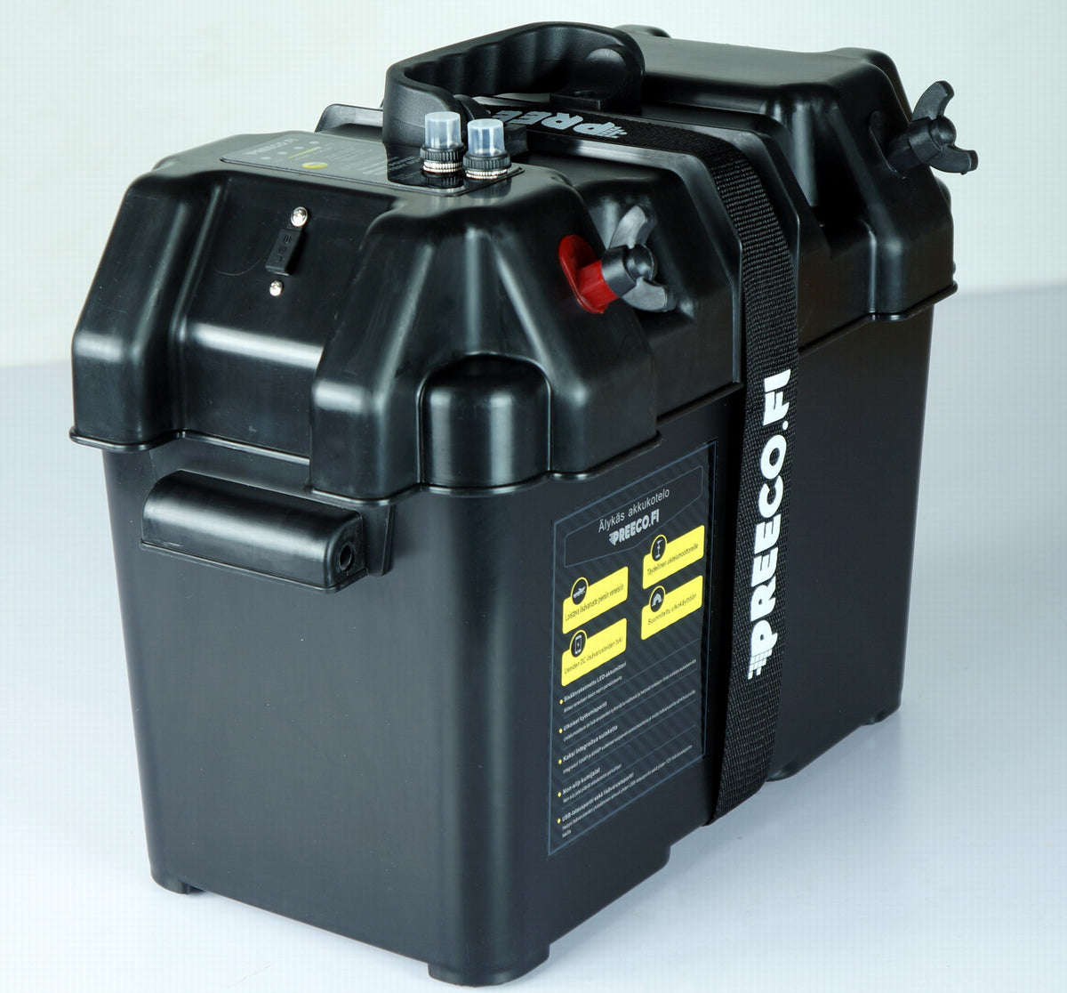 Akkukotelo 12V akuille – USB- ja DC12V-portit, LED-akkumittari, 35 kg