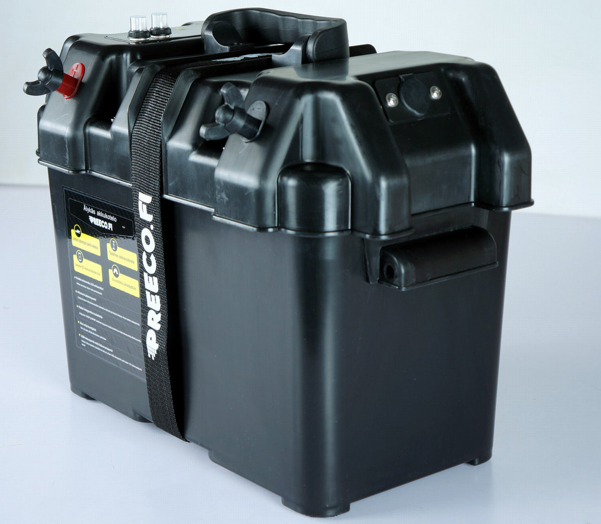 Akkukotelo 12V akuille – USB- ja DC12V-portit, LED-akkumittari, 35 kg