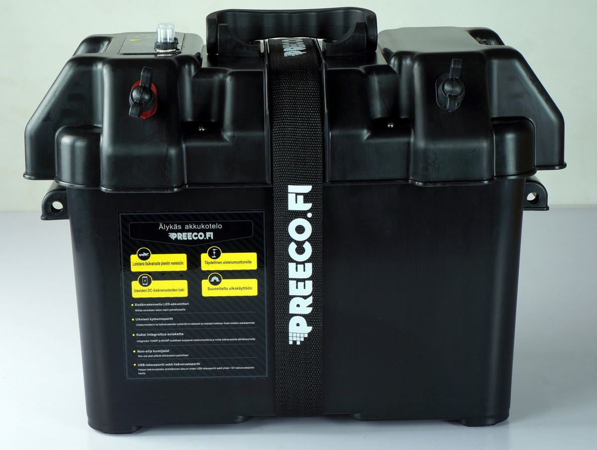 Akkukotelo 12V akuille – USB- ja DC12V-portit, LED-akkumittari, 35 kg