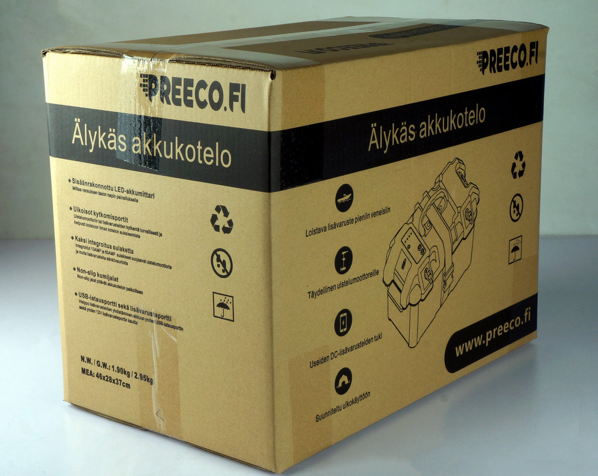 Akkukotelo 12V akuille – USB- ja DC12V-portit, LED-akkumittari, 35 kg