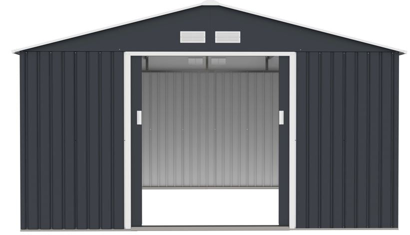 Trädgårdsskjul 10,85 m² – 138 cm skjutdörrar, galvaniserat stål, sockel, grå