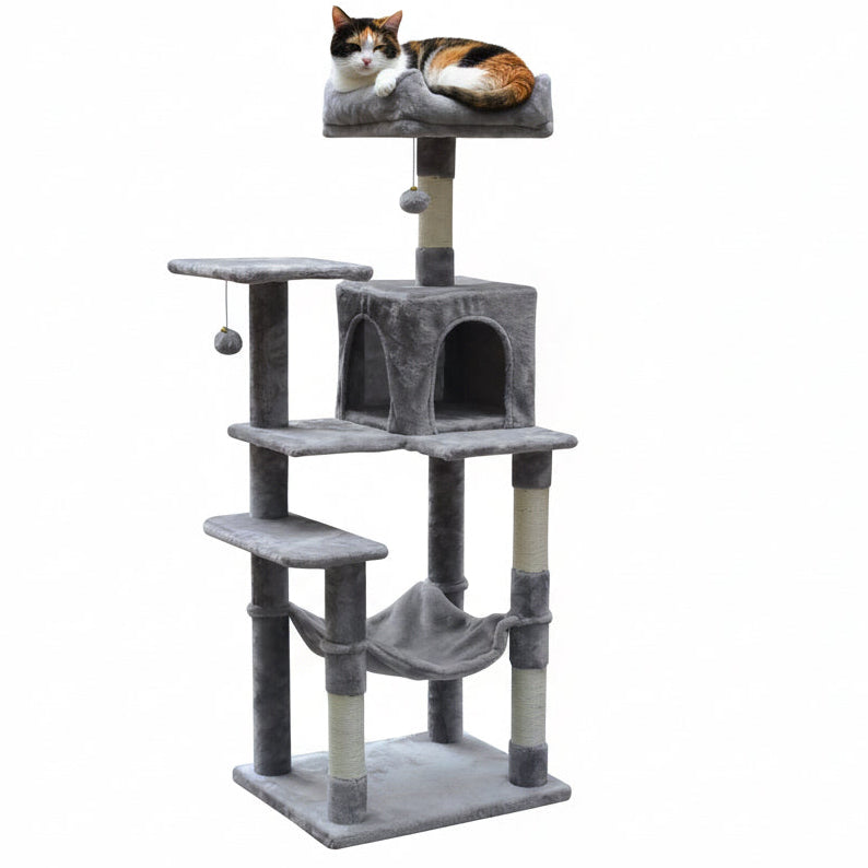 Kattklätterträd 143 cm – hus, hängmatta, 55 x 45 cm