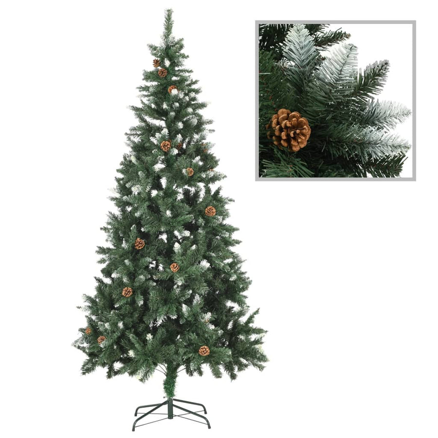 Konstgjord julgran med kottar och vitt glitter, 210 cm