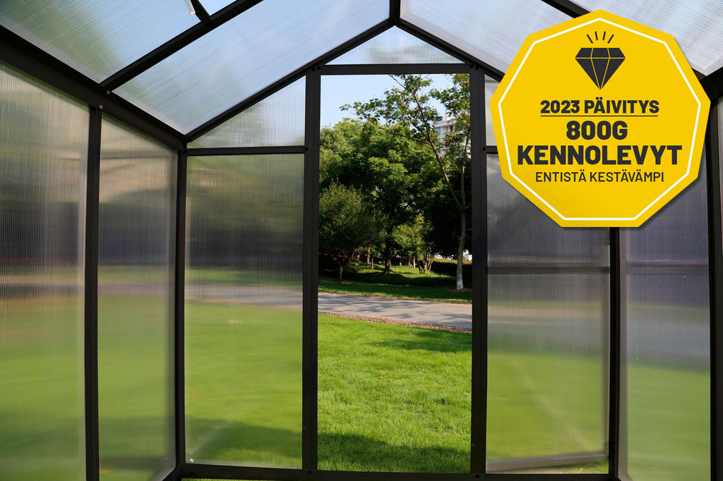 POHJOLA GARDEN Iso Kasvihuone 10m2 + Sokkeli & Rännit, 4mm 800g/M2 Kennolevyt, musta