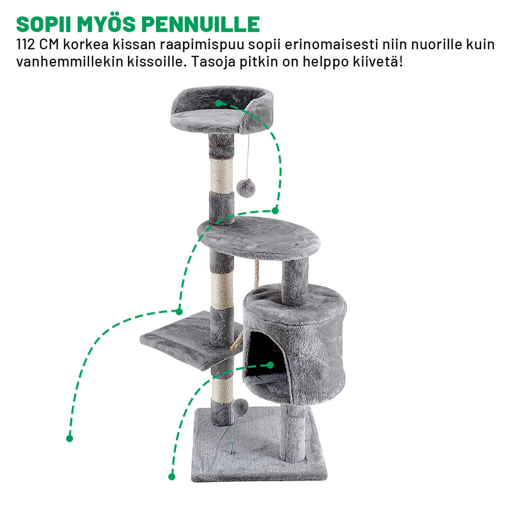 POHJOLAN LEMMIKKITARVIKE Kissan raapimis-/kiipeilypuu 112 cm, vaalean harmaa