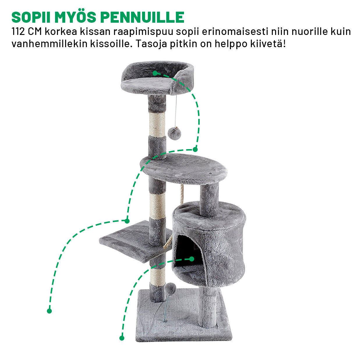 POHJOLAN LEMMIKKITARVIKE Kissan raapimis-/kiipeilypuu 112 cm, vaalean harmaa