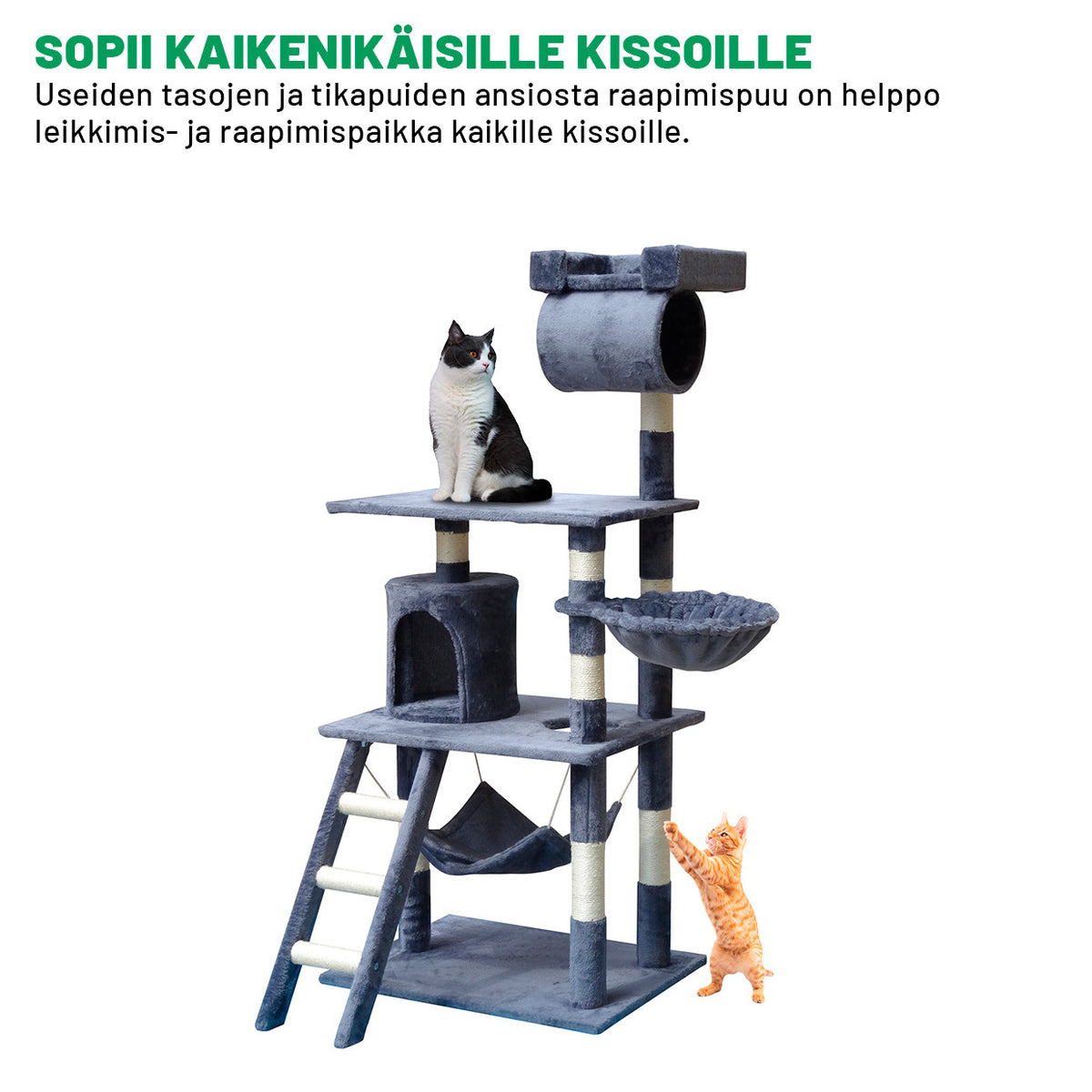 Kattklätterträd 141 cm – 5 nivåer, grotta, 61 x 50 cm