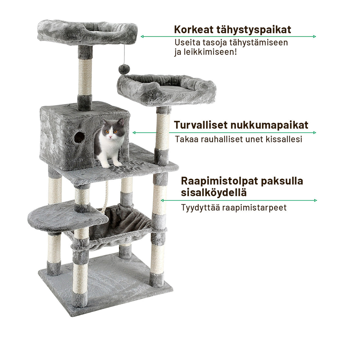 Klättringsträd för katt 143 cm – flera nivåer, gömställe, klättringsytor