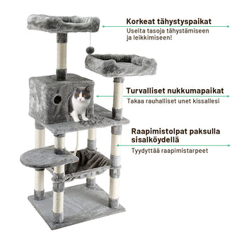 Klättringsträd för katt 143 cm – flera nivåer, gömställe, klättringsytor