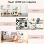 Apupöytä 3 hyllyllä ja ripustuspaneelilla, teräs+PP, valkoinen, 51,5 x 32 x 75,6 cm.