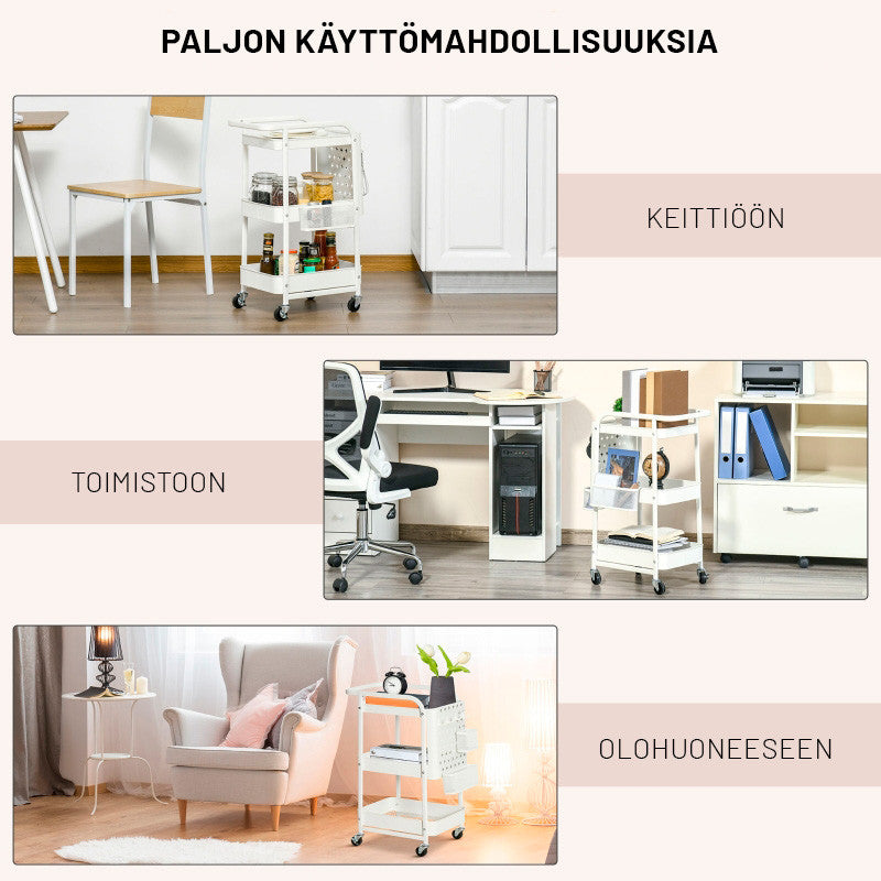 Apupöytä 3 hyllyllä ja ripustuspaneelilla, teräs+PP, valkoinen, 51,5 x 32 x 75,6 cm.