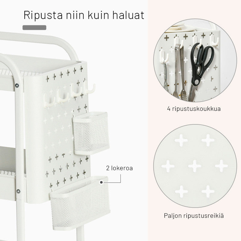 Apupöytä 3 hyllyllä ja ripustuspaneelilla, teräs+PP, valkoinen, 51,5 x 32 x 75,6 cm.