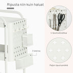 Apupöytä 3 hyllyllä ja ripustuspaneelilla, teräs+PP, valkoinen, 51,5 x 32 x 75,6 cm.