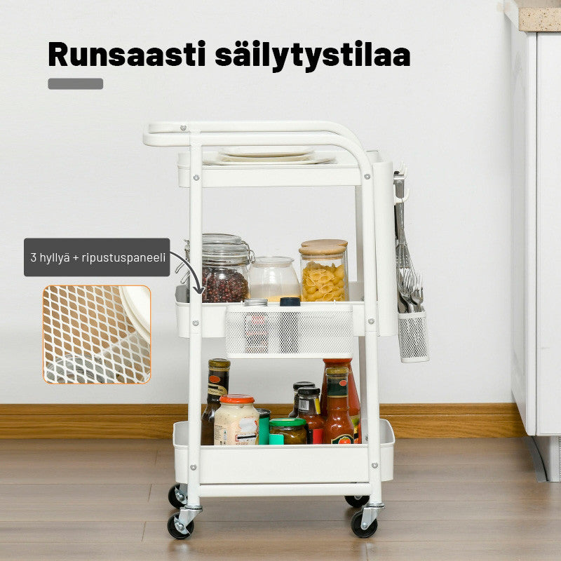 Apupöytä 3 hyllyllä ja ripustuspaneelilla, teräs+PP, valkoinen, 51,5 x 32 x 75,6 cm.