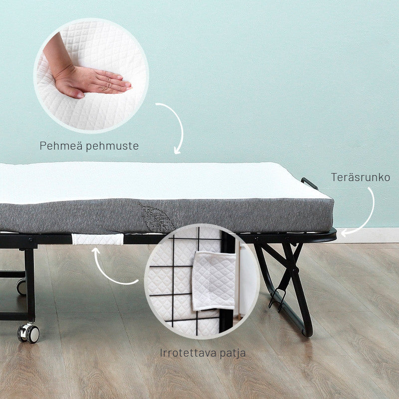 Taitettava Vierassänky pyörillä, 200 x 75 x 42,5 cm