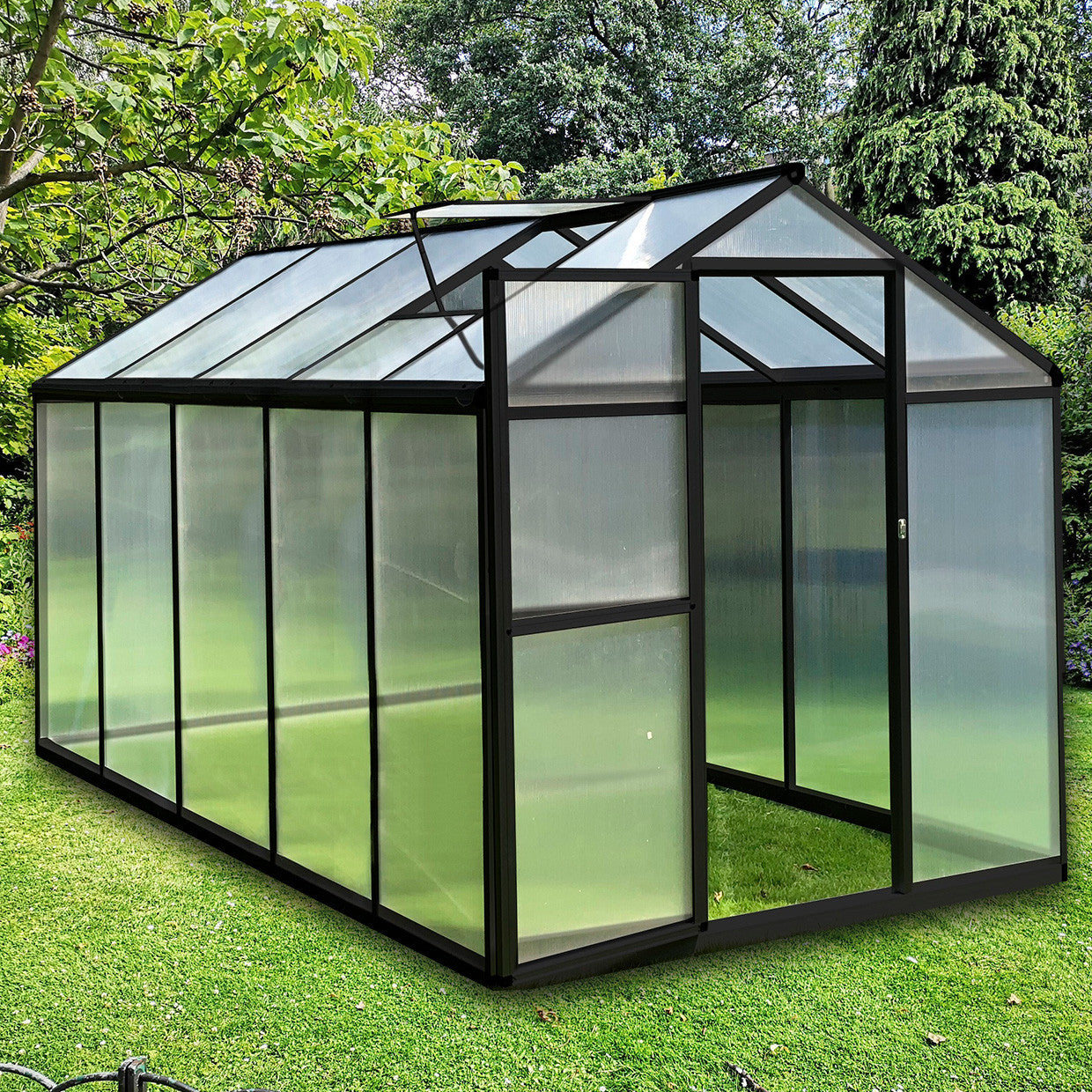 POHJOLA GARDEN Kasvihuone 5,4m2 + Sokkeli & Rännit, Extra kestävä 600g/m2 kennolevy, musta