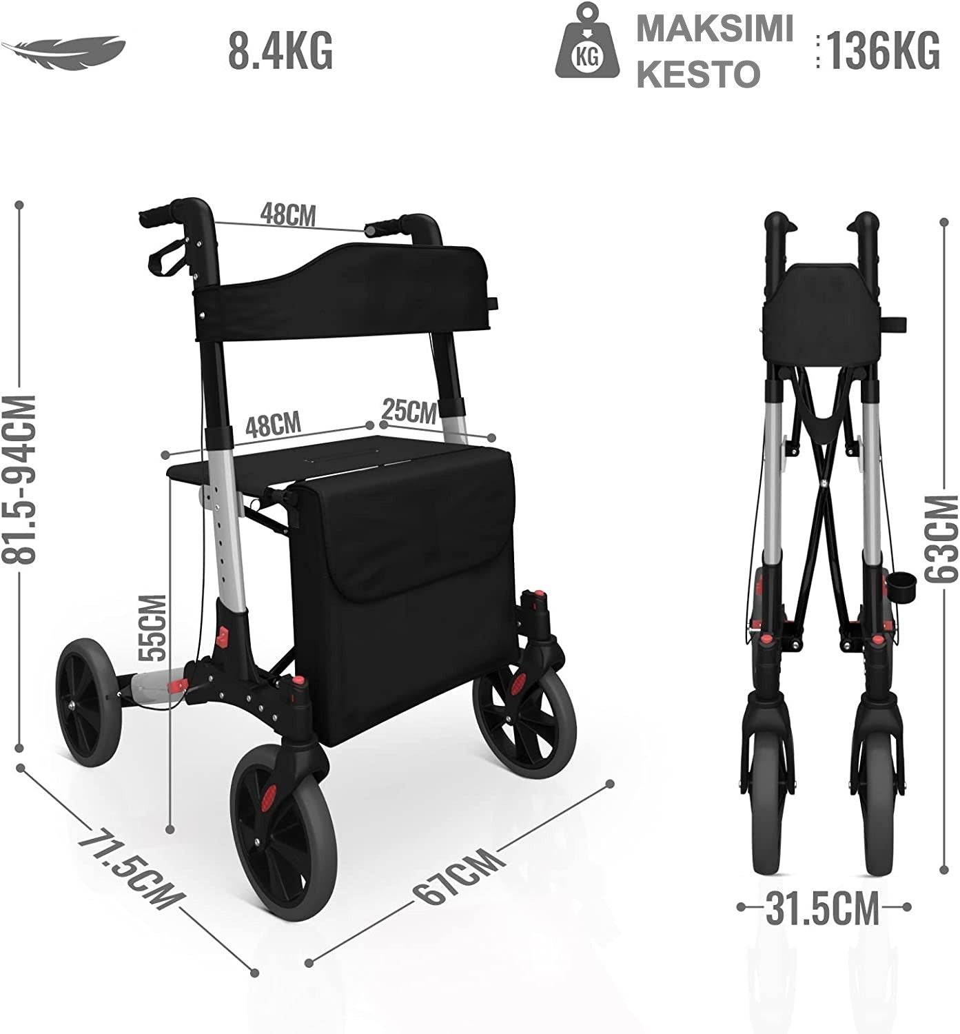 Rollaattori Aune Sisä- ja Ulkokäyttöön, Kevyt, Musta