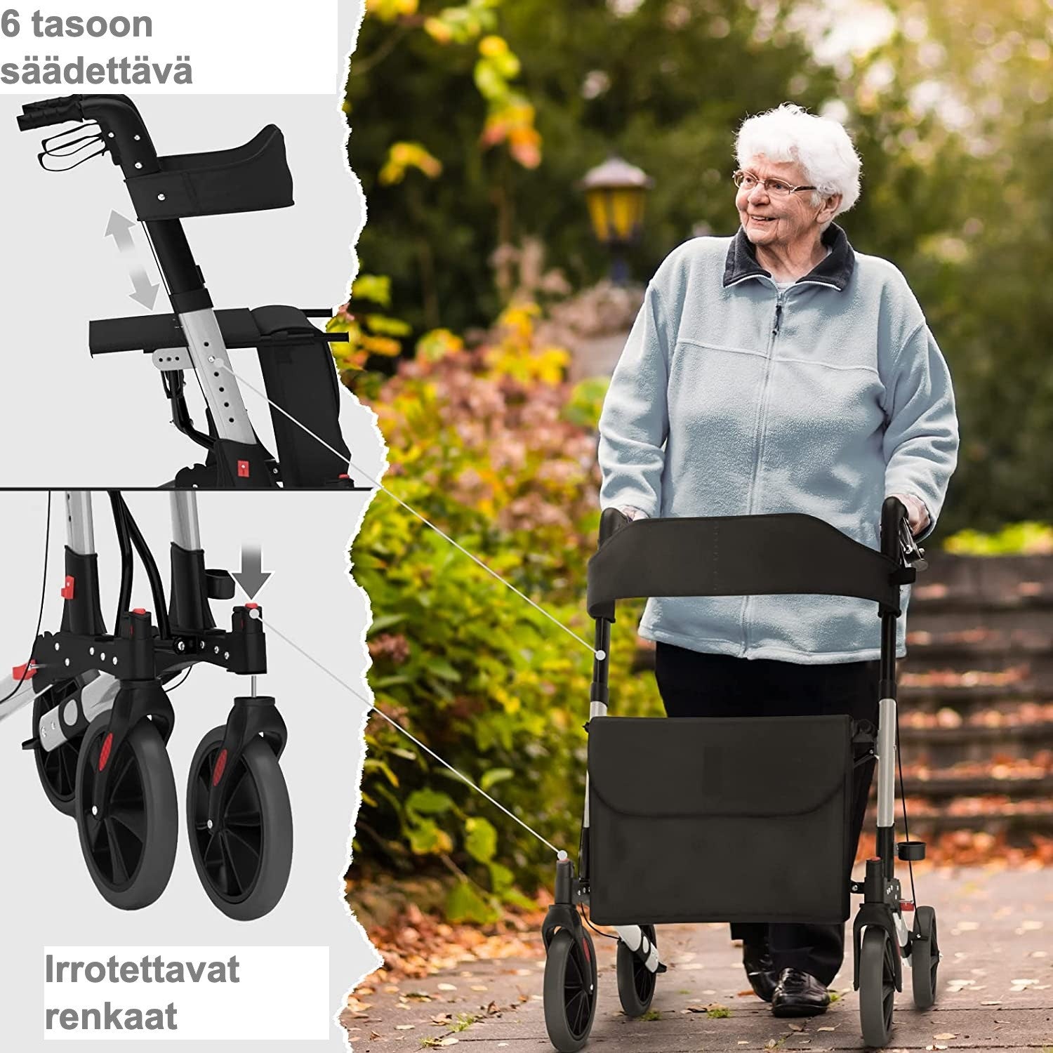 Rollaattori Aune Sisä- ja Ulkokäyttöön, Kevyt, Musta