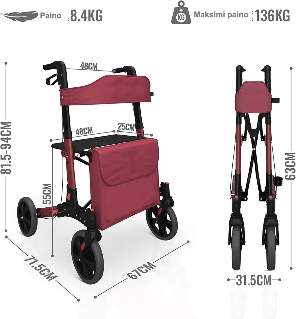 Rollaattori Aune Sisä- ja Ulkokäyttöön, Kevyt, Punainen