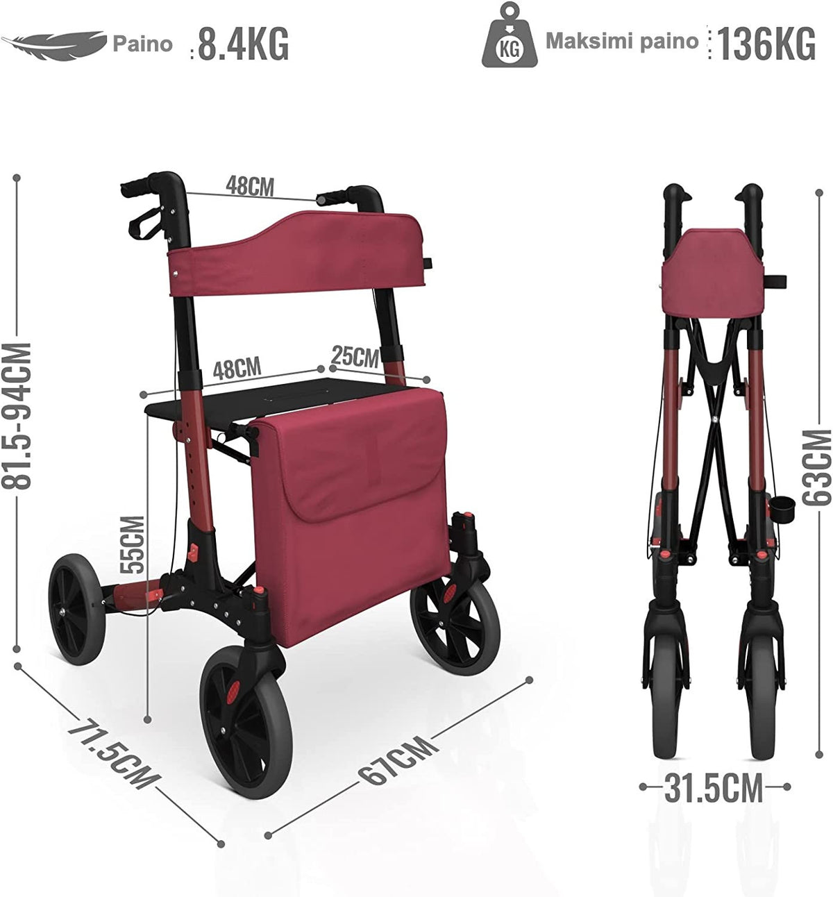Aune Rollator för inomhus- och utomhusbruk, lätt, röd