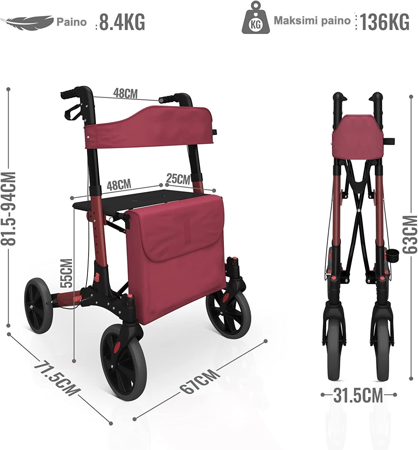Rollaattori Aune Sisä- ja Ulkokäyttöön, Kevyt, Punainen