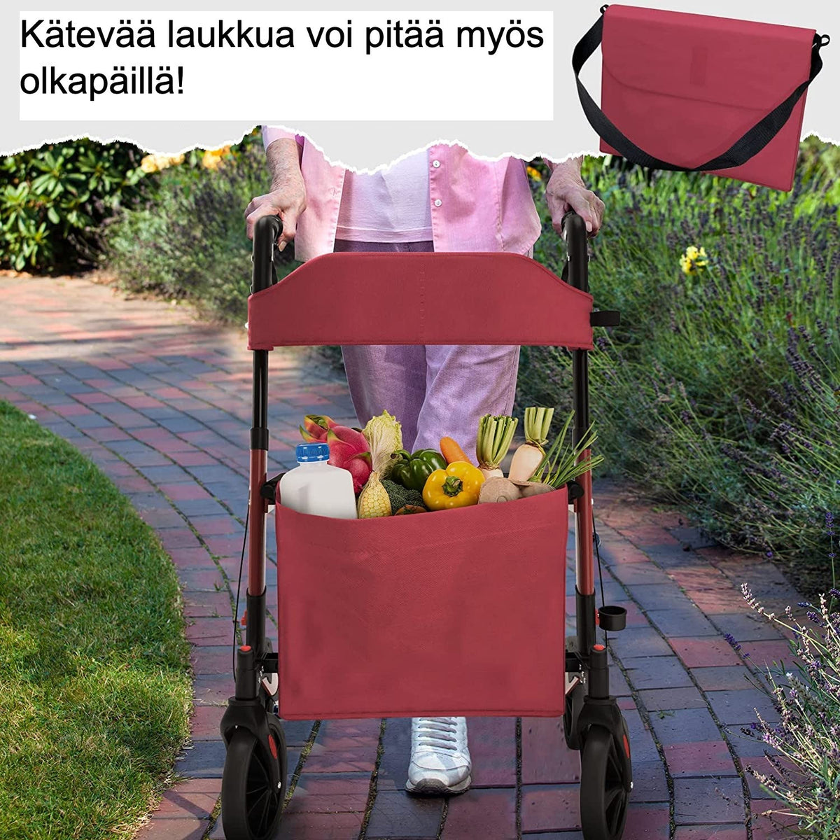 Aune Rollator för inomhus- och utomhusbruk, lätt, röd