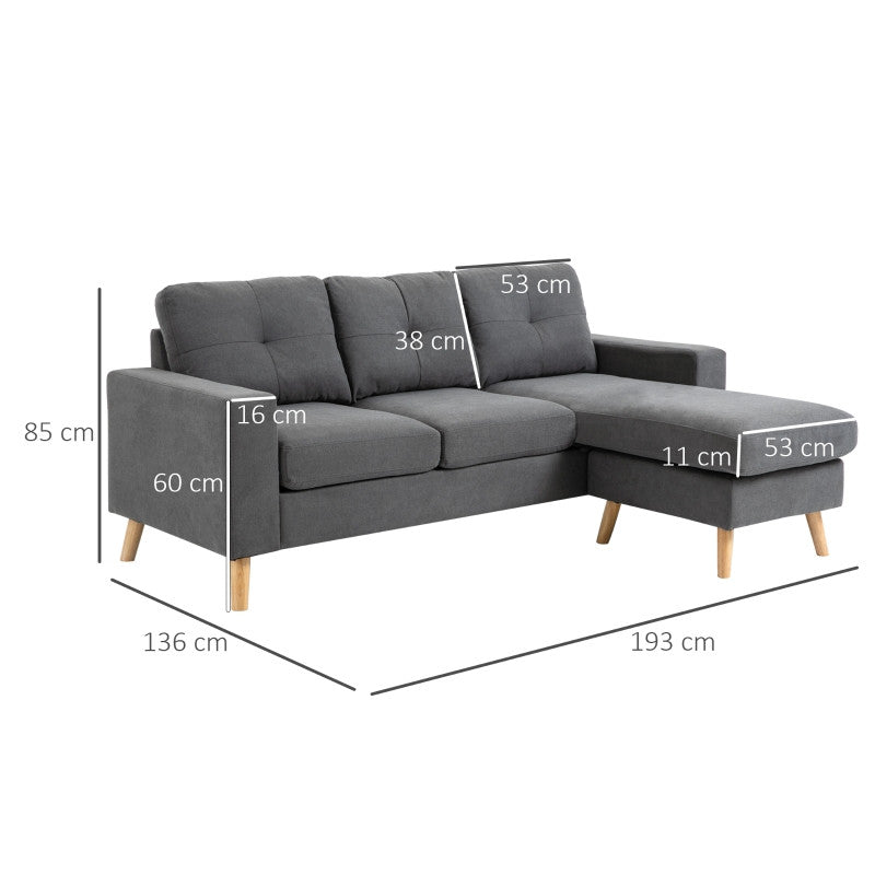 Hörnsoffa med knapptuftning, massivt trä, linne-look, grå