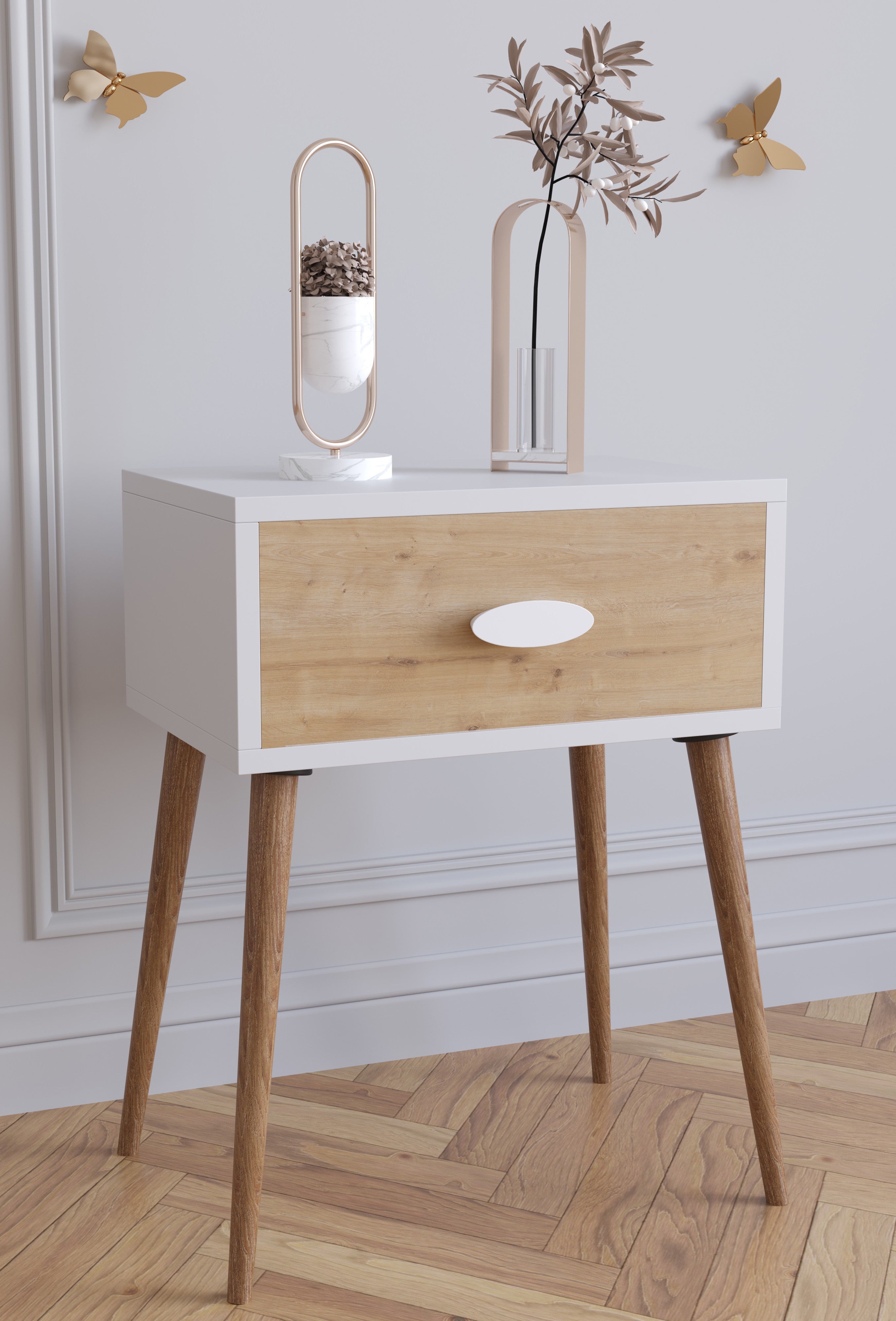 Yöpöytä "Singol L", 60 x 45 x 30 cm, valkoinen / puu