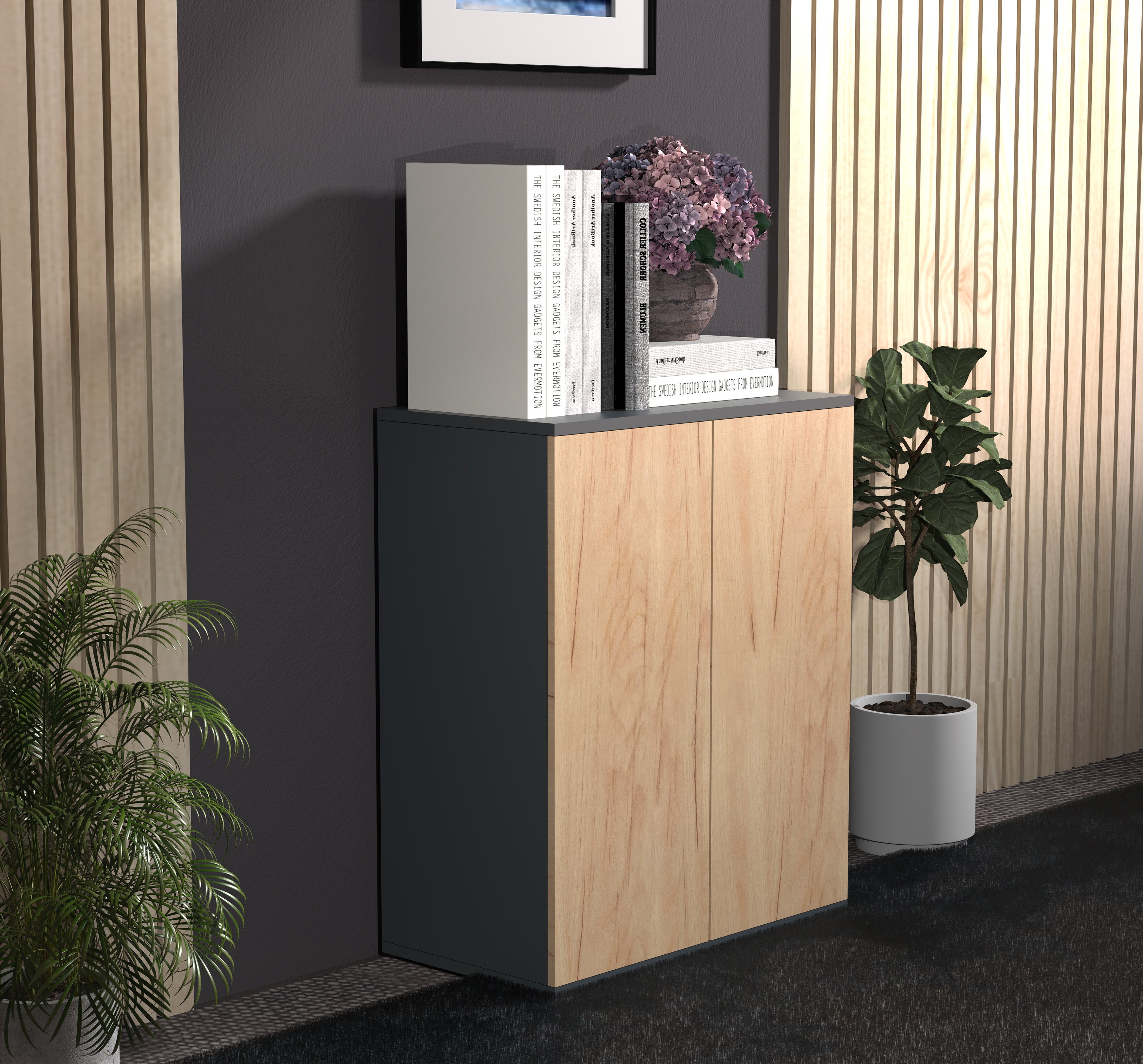 Säilytyskaappi Dalosa 2-säilytystilaa, musta / puu, 73 x 60 x 32 cm