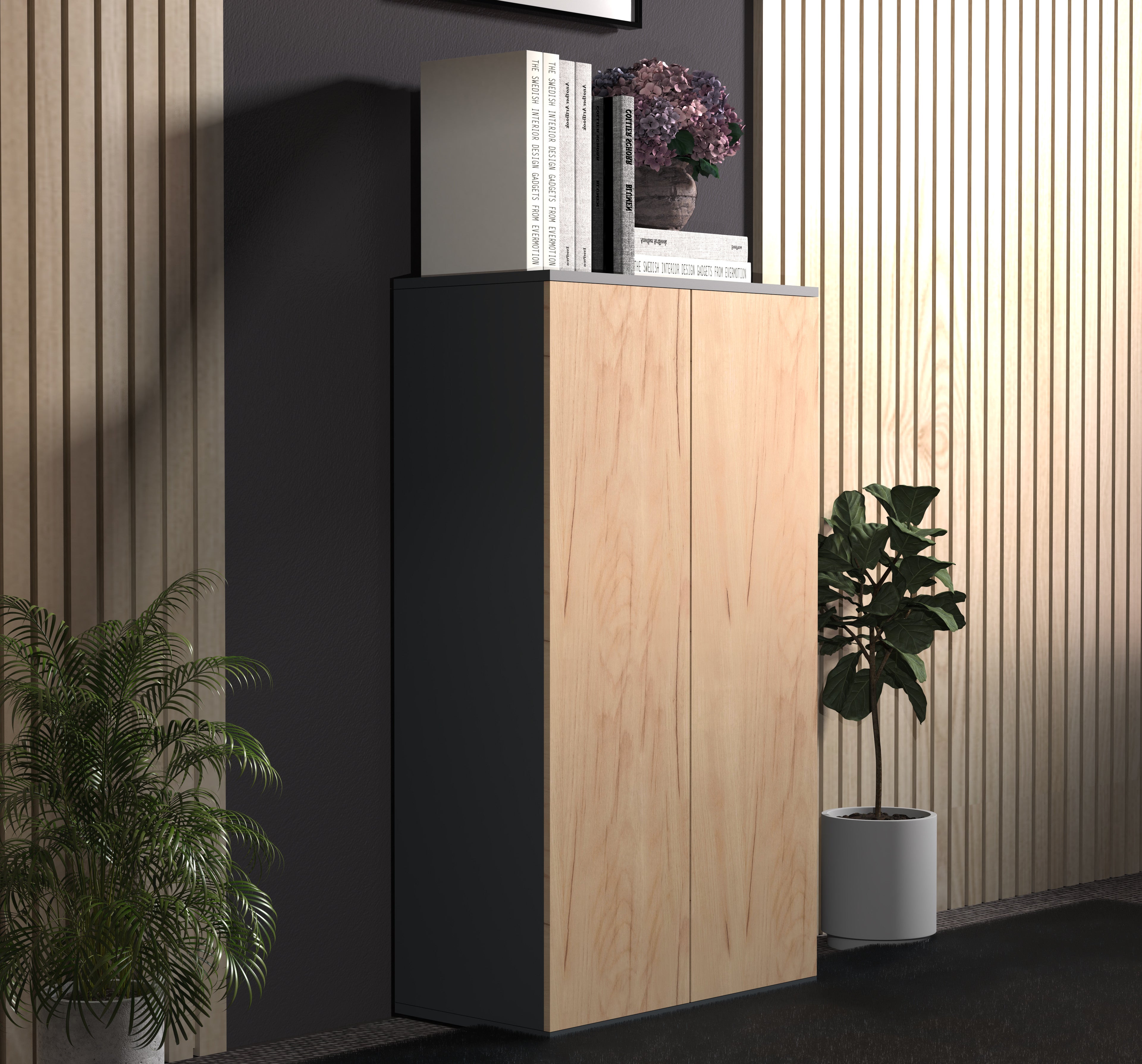 Säilytyskaappi Dalosa 3-säilytystilaa, musta / puu, 108 x 60 x 32 cm