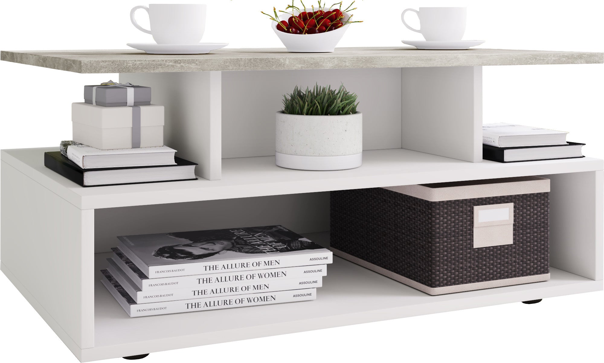 Sohvapöytä Esila, Paljon säilytystilaa, Valkoinen / harmaa