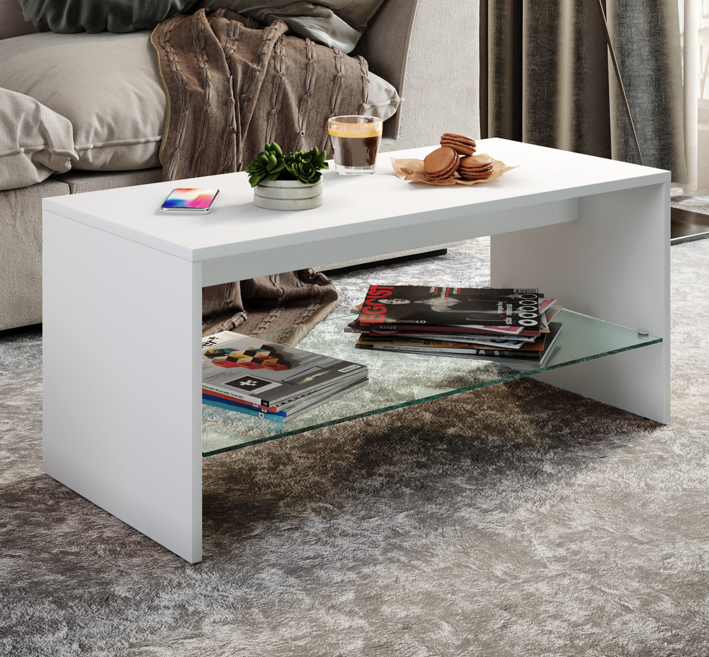 Sohvapöytä Lasihyllyllä Wisal, valkoinen