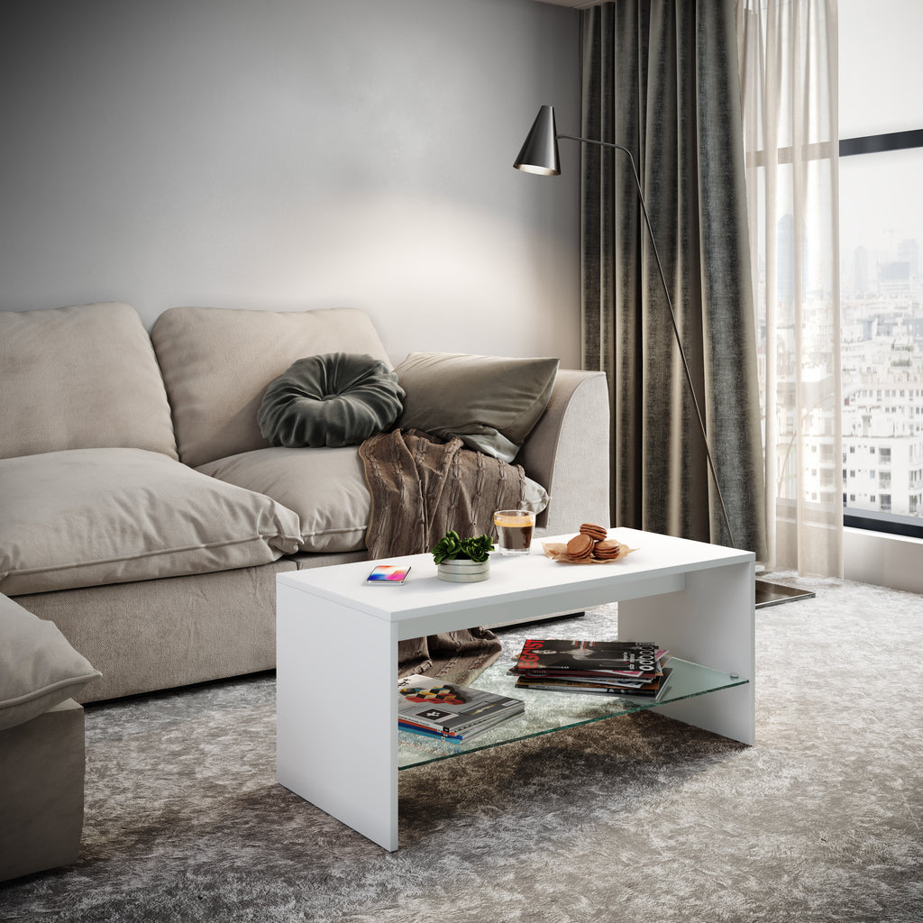 Sohvapöytä Lasihyllyllä Wisal, valkoinen