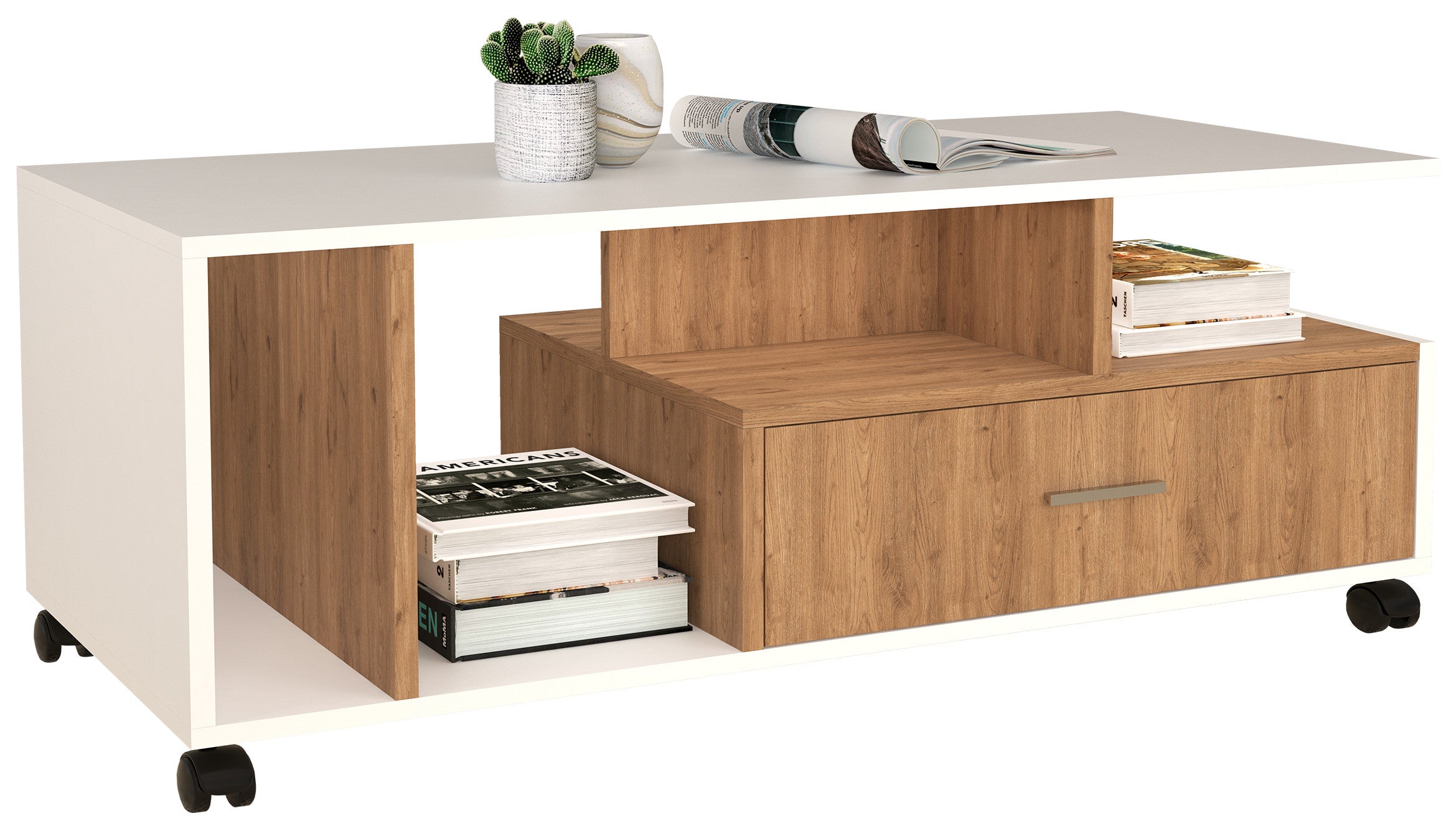 Sohvapöytä Silus, Paljon säilytystilaa, valkoinen / puu