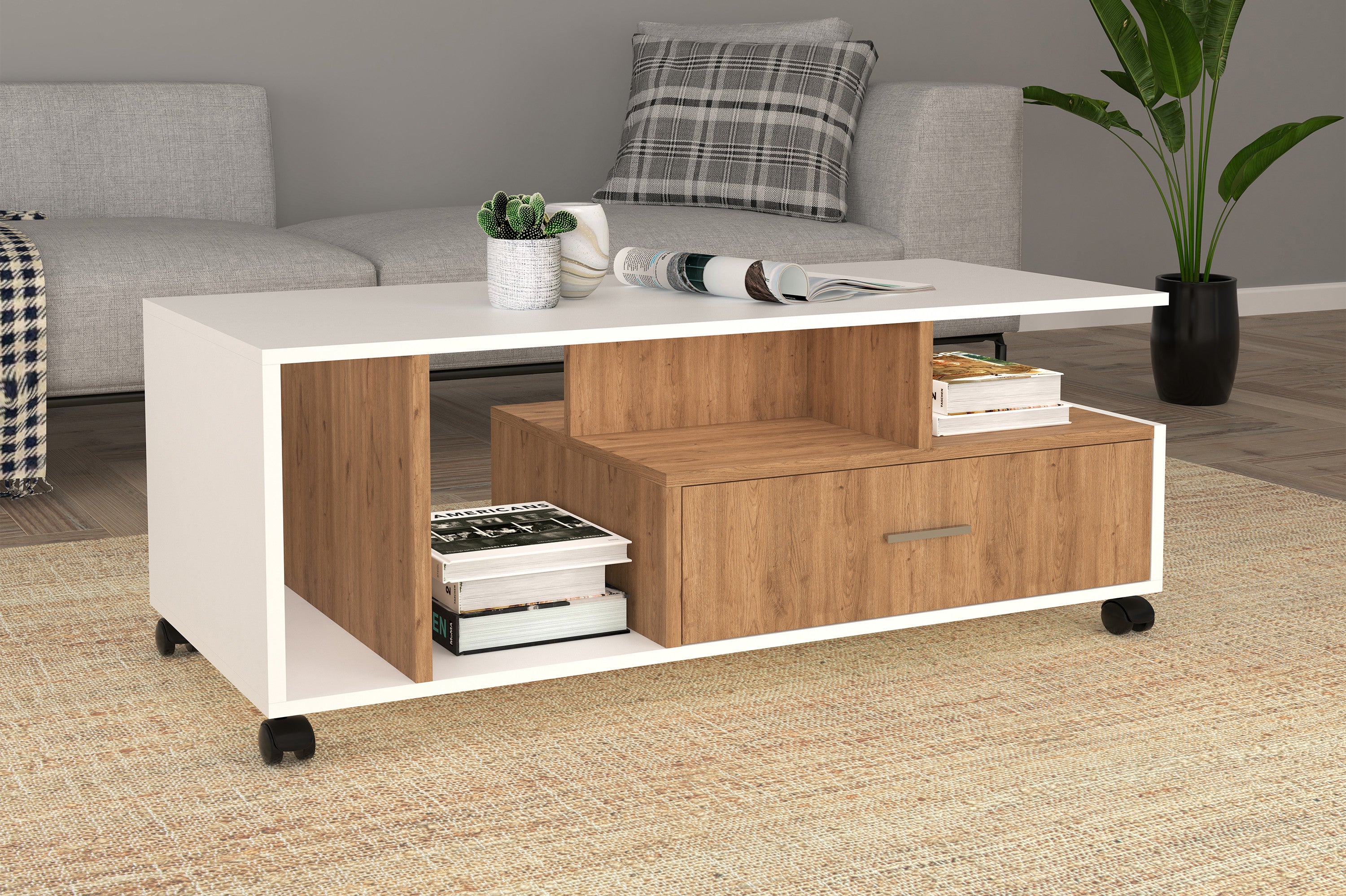 Sohvapöytä Silus, Paljon säilytystilaa, valkoinen / puu