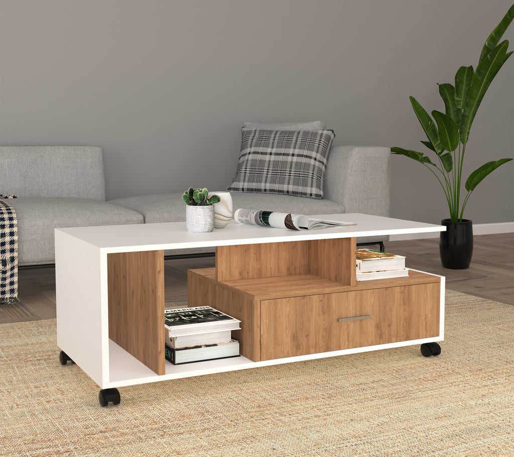 Sohvapöytä Silus, Paljon säilytystilaa, valkoinen / puu