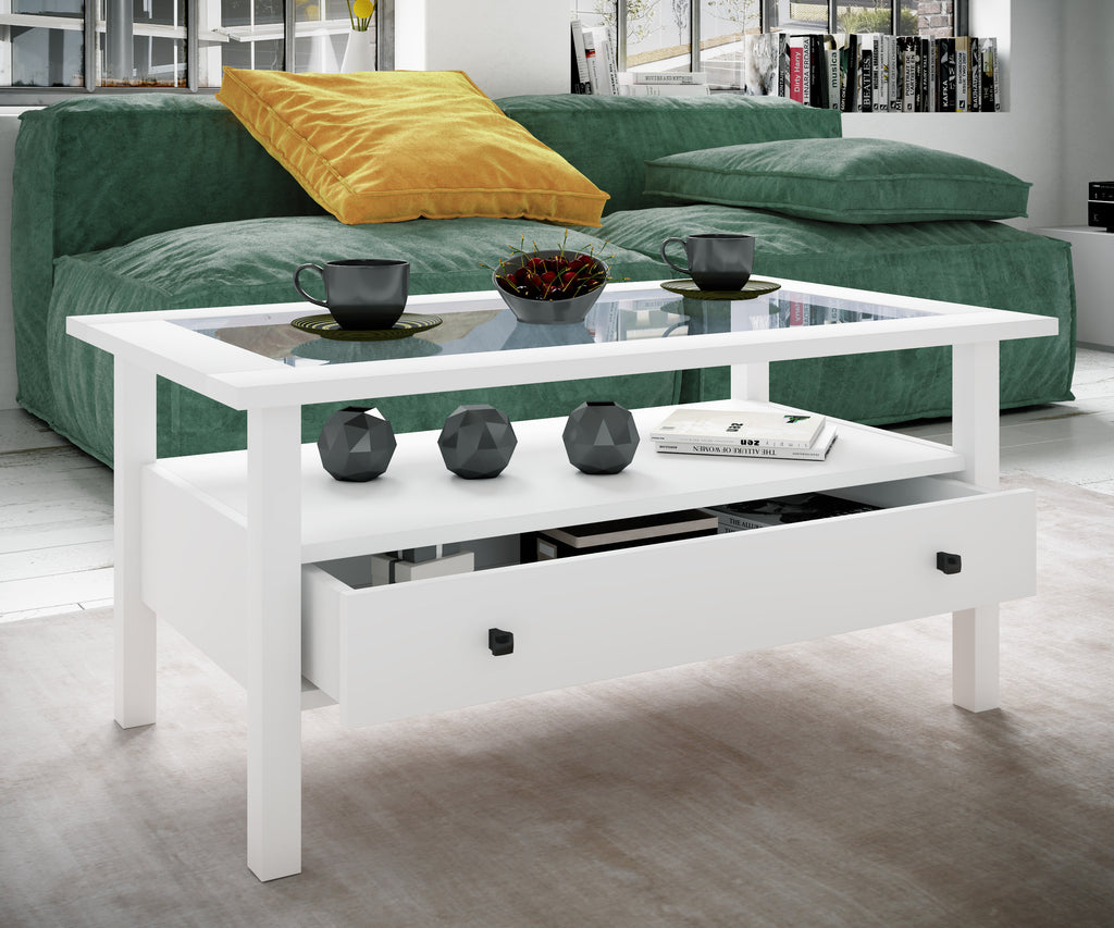 Sohvapöytä Lasilevyllä Lingis L, valkoinen