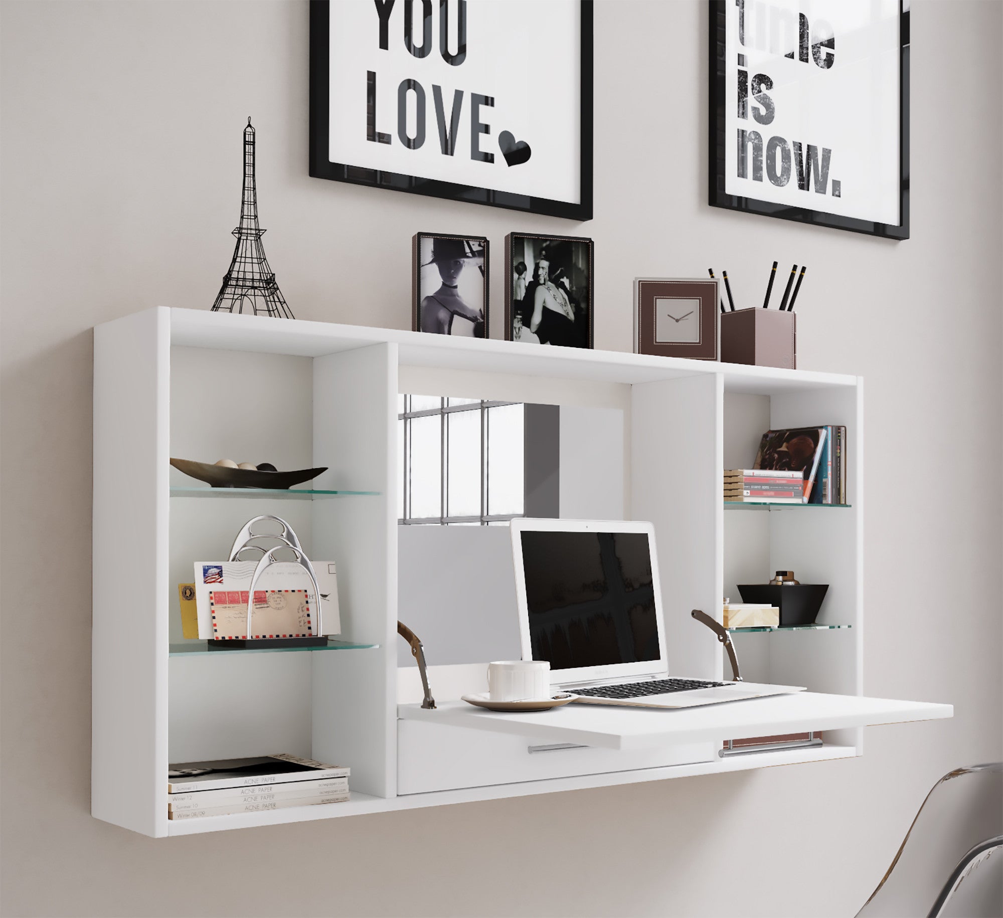 Monikäyttöinen työpöytä / meikkipöytä seinälle Teala Mirror, puu