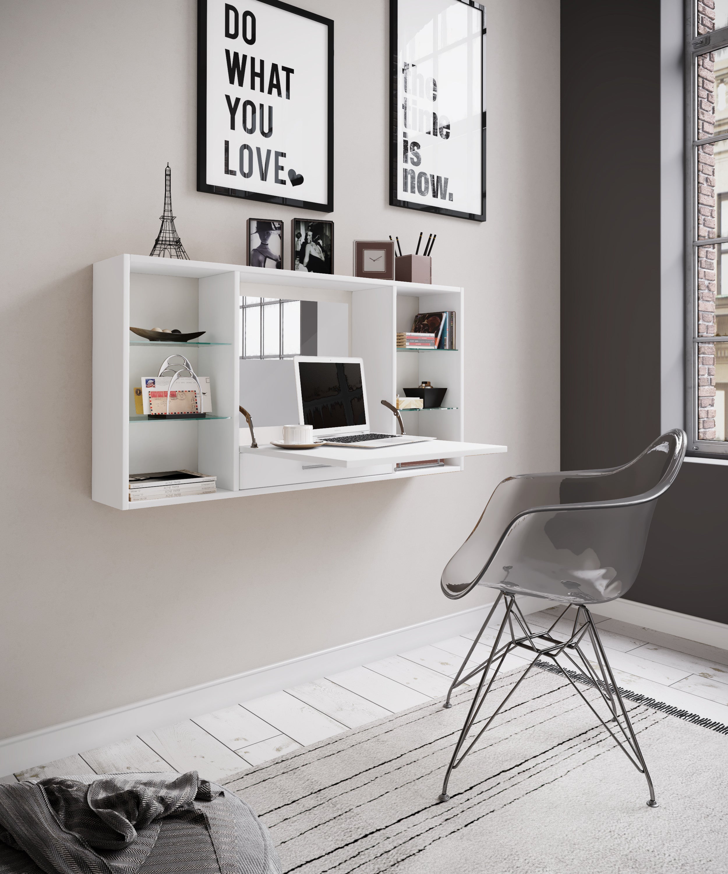 Monikäyttöinen työpöytä / meikkipöytä seinälle Teala Mirror, puu