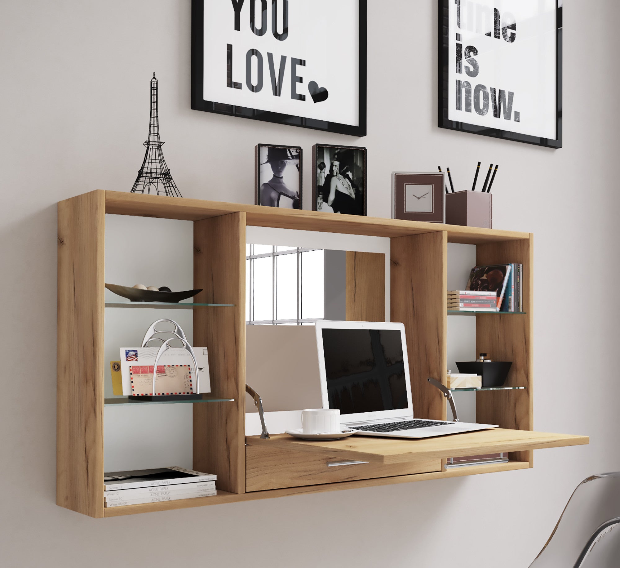 Monikäyttöinen työpöytä / meikkipöytä seinälle Teala Mirror, puu