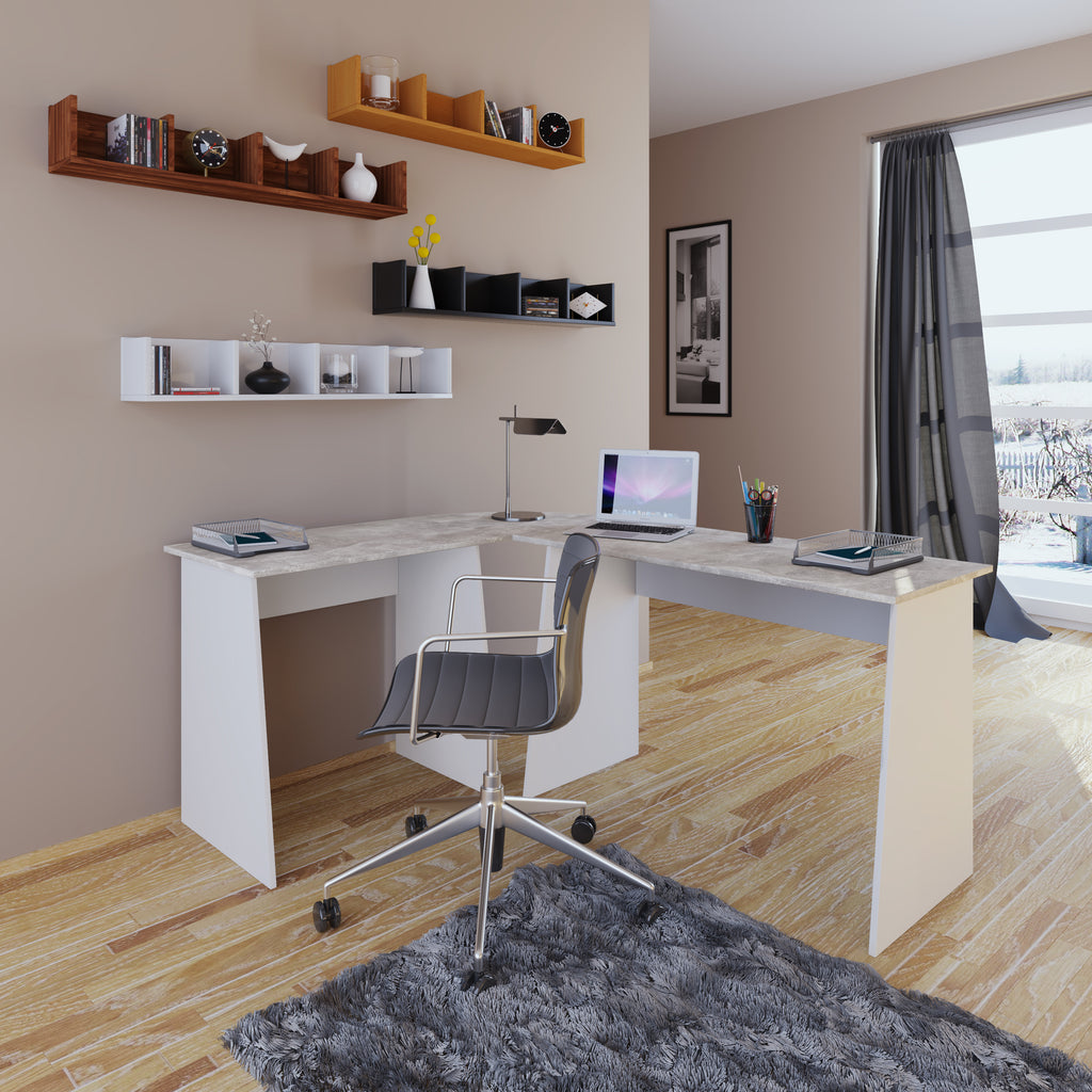 Kulmatyöpöytä Masola, valkoinen / kivi