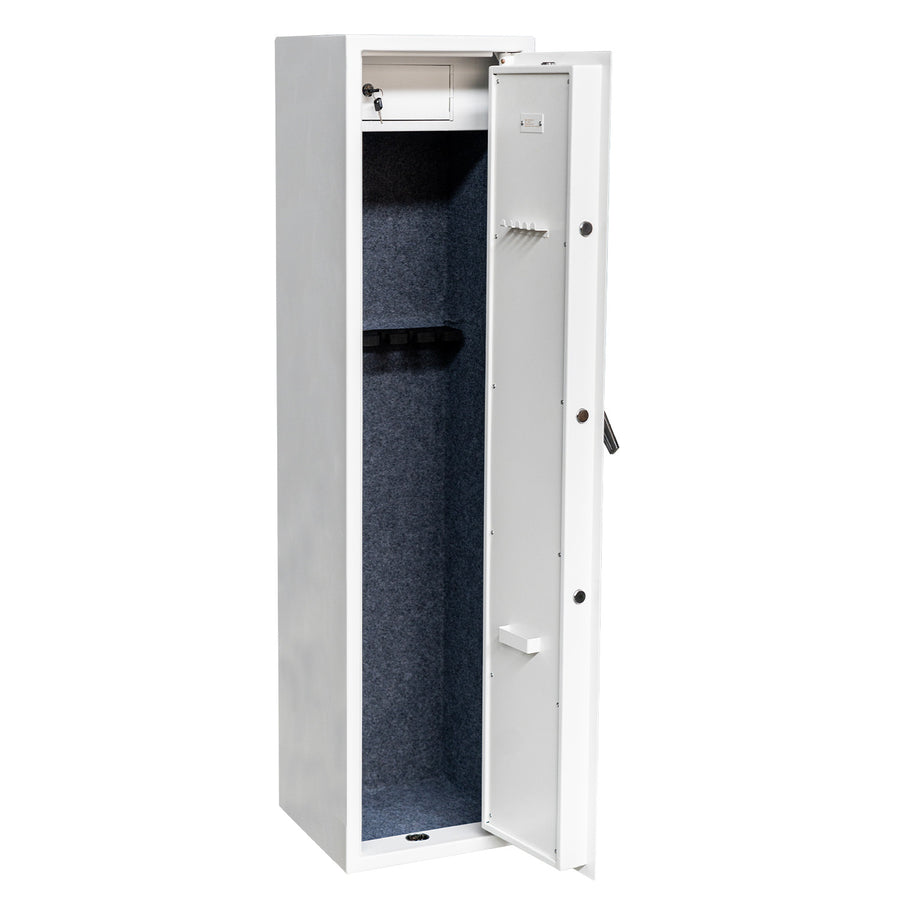 Vapenskåp för 5 vapen 146 x 35 x 35 cm – EN 14450, låsbart fack, vitt