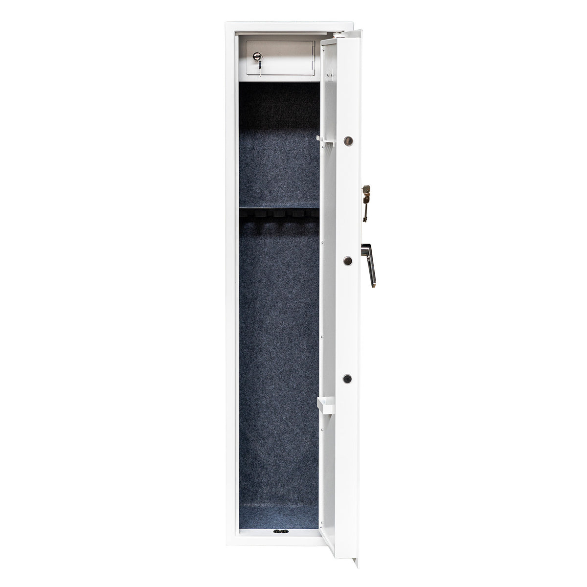 Asekaappi 5 aseelle 146 x 35 x 35 cm – EN 14450, lukittava lokero, valkoinen