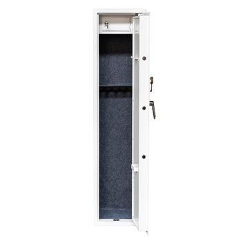 Asekaappi 5 aseelle 146 x 35 x 35 cm – EN 14450, lukittava lokero, valkoinen